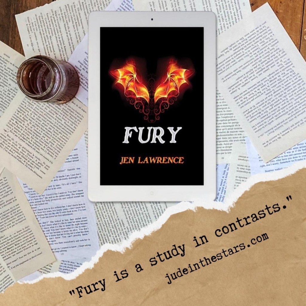 On a backdrop of book pages on a wooden floor, an iPad with the cover of Fury by Jen Lawrence, next to a jar of honey. At the bottom of the image, a strip of torn paper with a quote: "Fury is a study in contrasts." and a url: judeinthestars.com