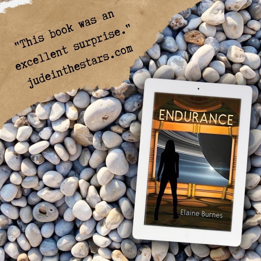 On a backdrop of book pages, an iPad with the cover of Endurance by Elaine Burnes. At the top of the image, a strip of torn paper with a quote: "This book was an excellent surprise." and a url: judeinthestars.com.