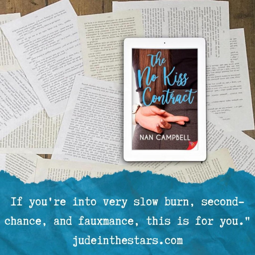 On a backdrop of book pages, an iPad with the cover of The No Kiss Contract by Nan Campbell. On the right hand side of the image, a strip of torn paper with a quote: "If you're into very slow burn, second-chance, and fauxmance, this is for you." and a URL: judeinthestars.com.
