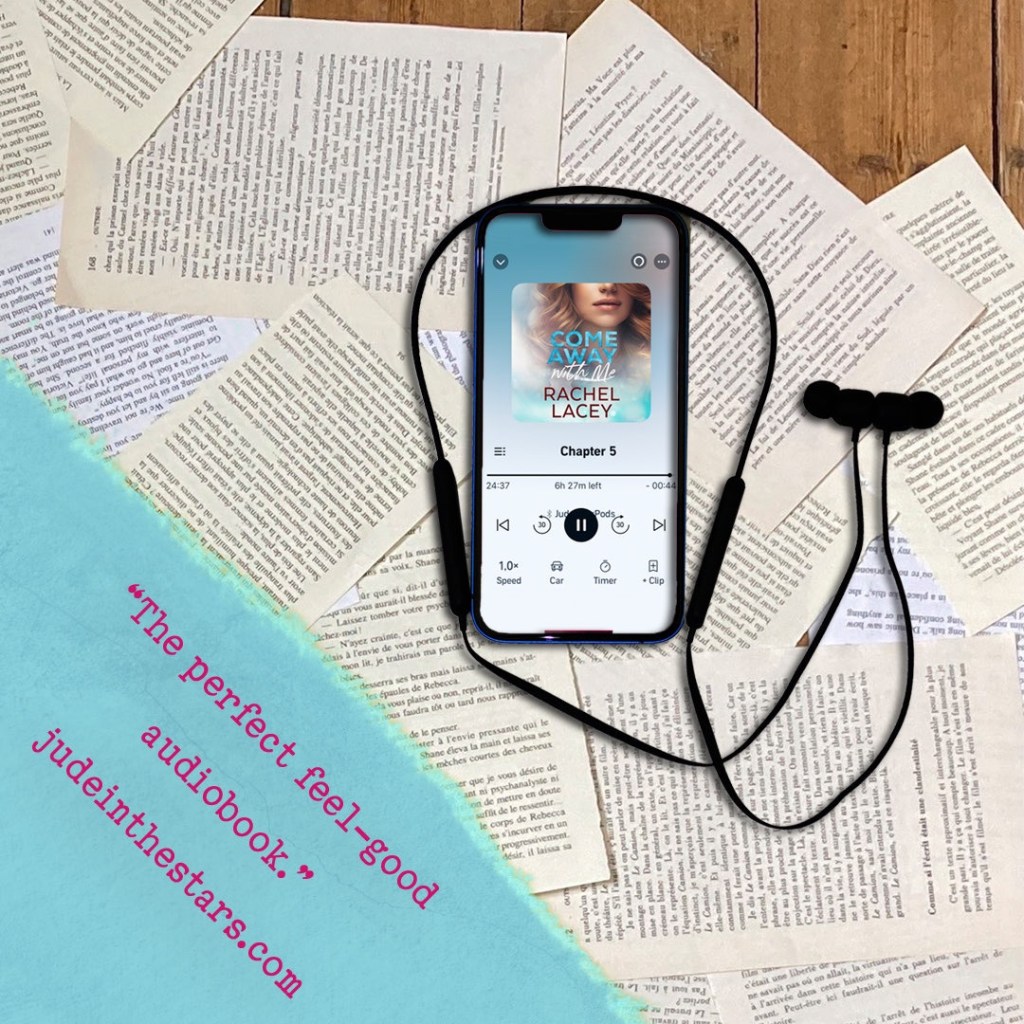 On a backdrop of book pages, an iPhone with the cover of Come Away with Me (Midnight in Manhattan #3) by Rachel Lacey, narrated by Lori Prince. In the bottom left corner of the image, a strip of torn paper with a quote: "The perfect feel-good audiobook." and a URL: judeinthestars.com.