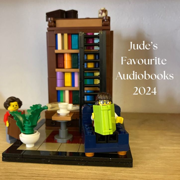 Jude's Favourite Audiobooks 2024 written over a picture of the LEGO Books Are My Passion set with an added figurine.